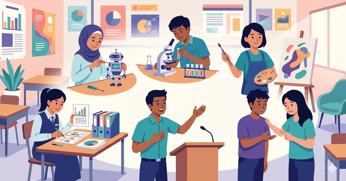 Diagram heksagon RIASEC dengan 6 jenis personaliti berwarna-warni